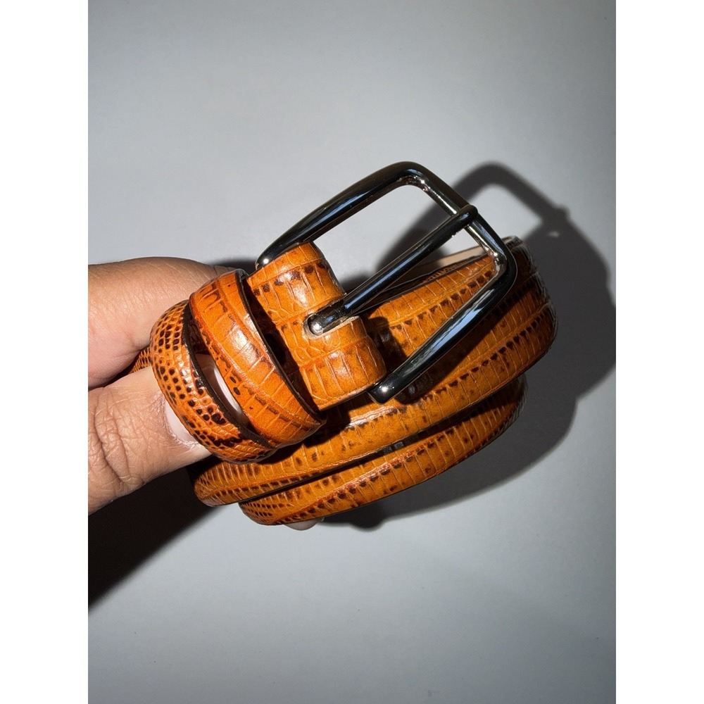 Belts.Com Belt Orange Faux Leather Croc Emboss Silver Buckle Sz 40